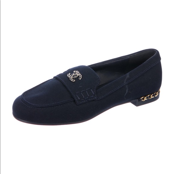 Chanel loafers 💙 Navy Blue, Canvas, Gold chain accents, Size 6.5 - Picture 4 of 6